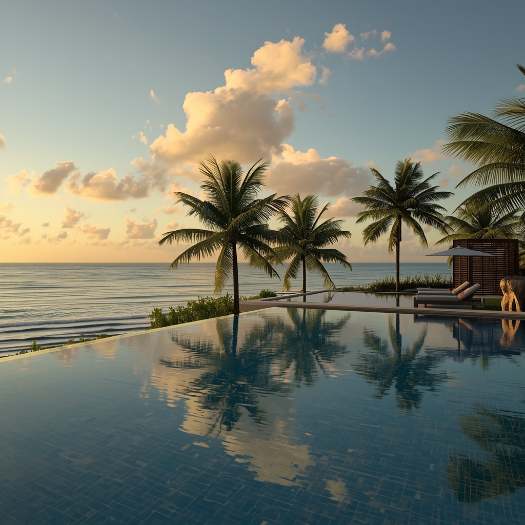 Luxury tropical resort infinity pool overlooking the ocean during golden hour, palm trees, realistic 8k